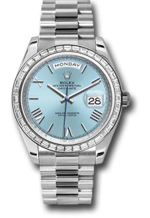 Replica Rolex Platinum Day-Date 40 Watch 228396tbr Diamond Bezel Ice Blue Roman Dial President Bracelet